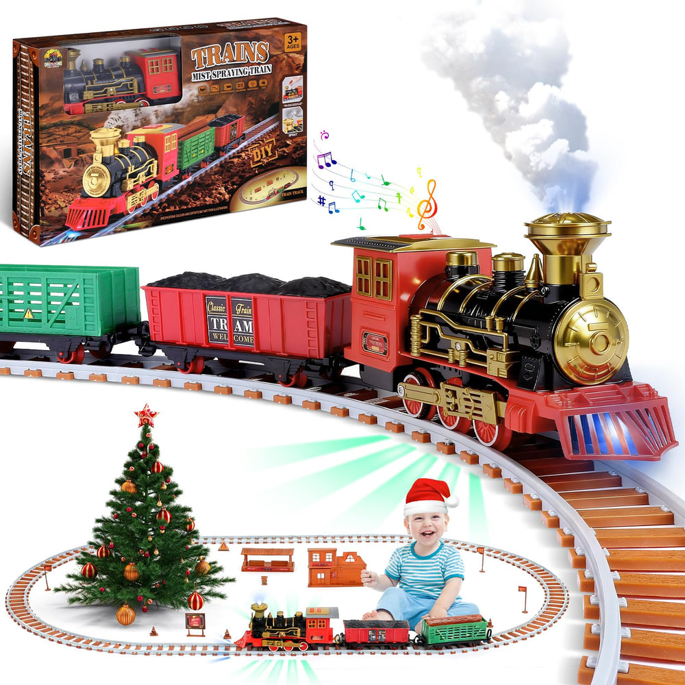 HEALLILY Christmas train set steam locomotive with lights around the tree