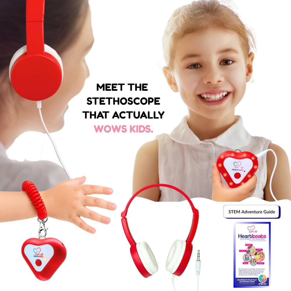 Heartbeats stethoscope toy with 10X amplification enhances listening during play.