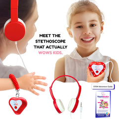 Heartbeats stethoscope toy with 10X amplification enhances listening during play.