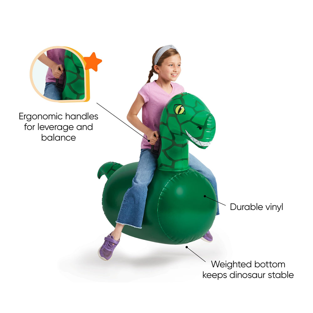 HearthSong Hop N Go Dino bouncer with easy-grip handles for secure jumping.