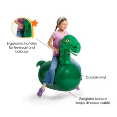 HearthSong Hop N Go Dino bouncer with easy-grip handles for secure jumping.