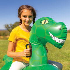 HearthSong Hop N Go Dino bouncer supports up to 200 lbs for versatile play.