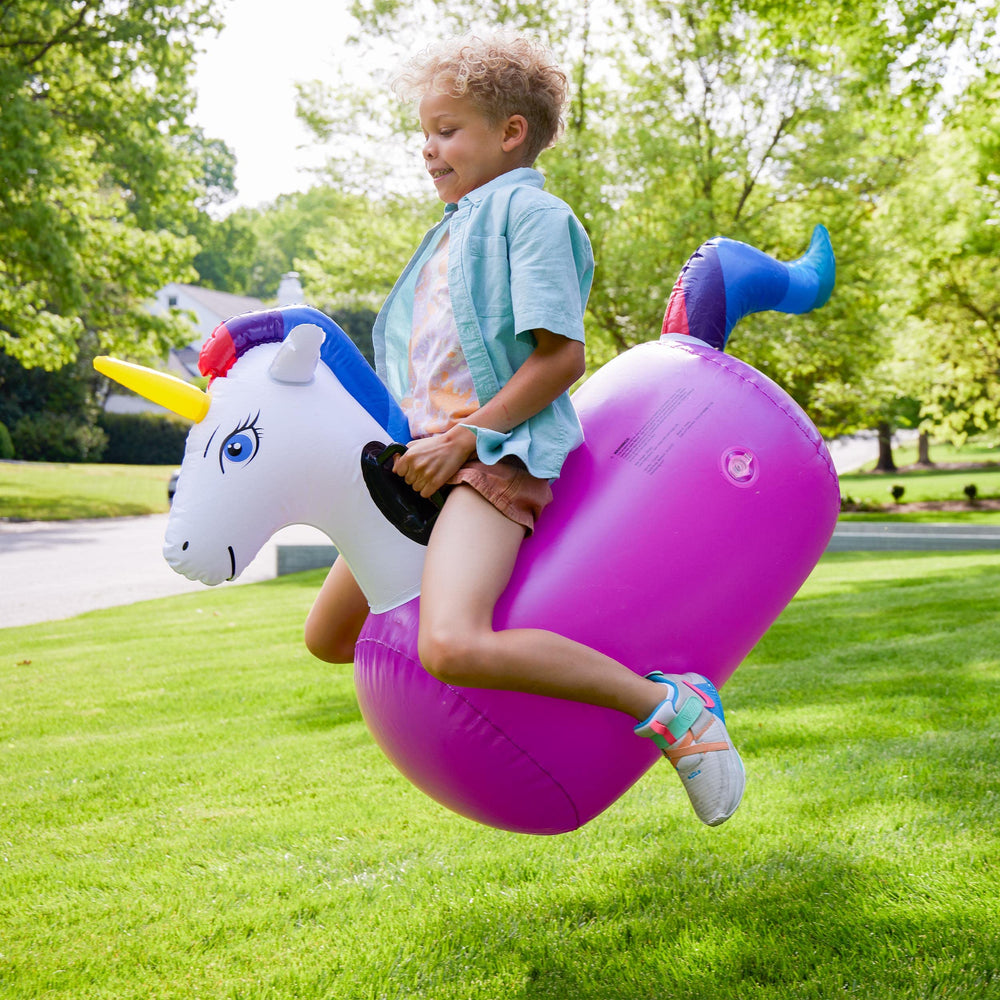 HearthSong Hop N Go unicorn bouncer durable vinyl withstands active play.