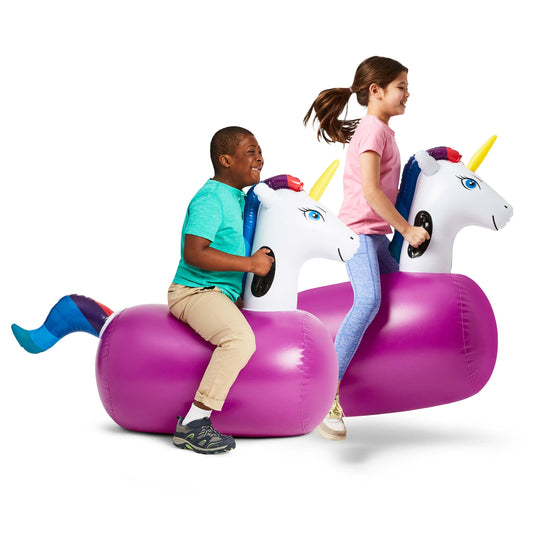 HearthSong Hop N Go unicorn bouncer front view; promotes imaginative backyard fun.