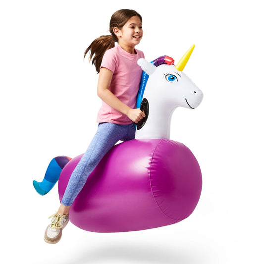 HearthSong Hop N Go unicorn front view sparks imaginative outdoor play.
