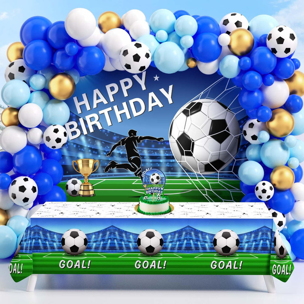 Heboland soccer arch with blue balloons decorating a festive birthday scene.