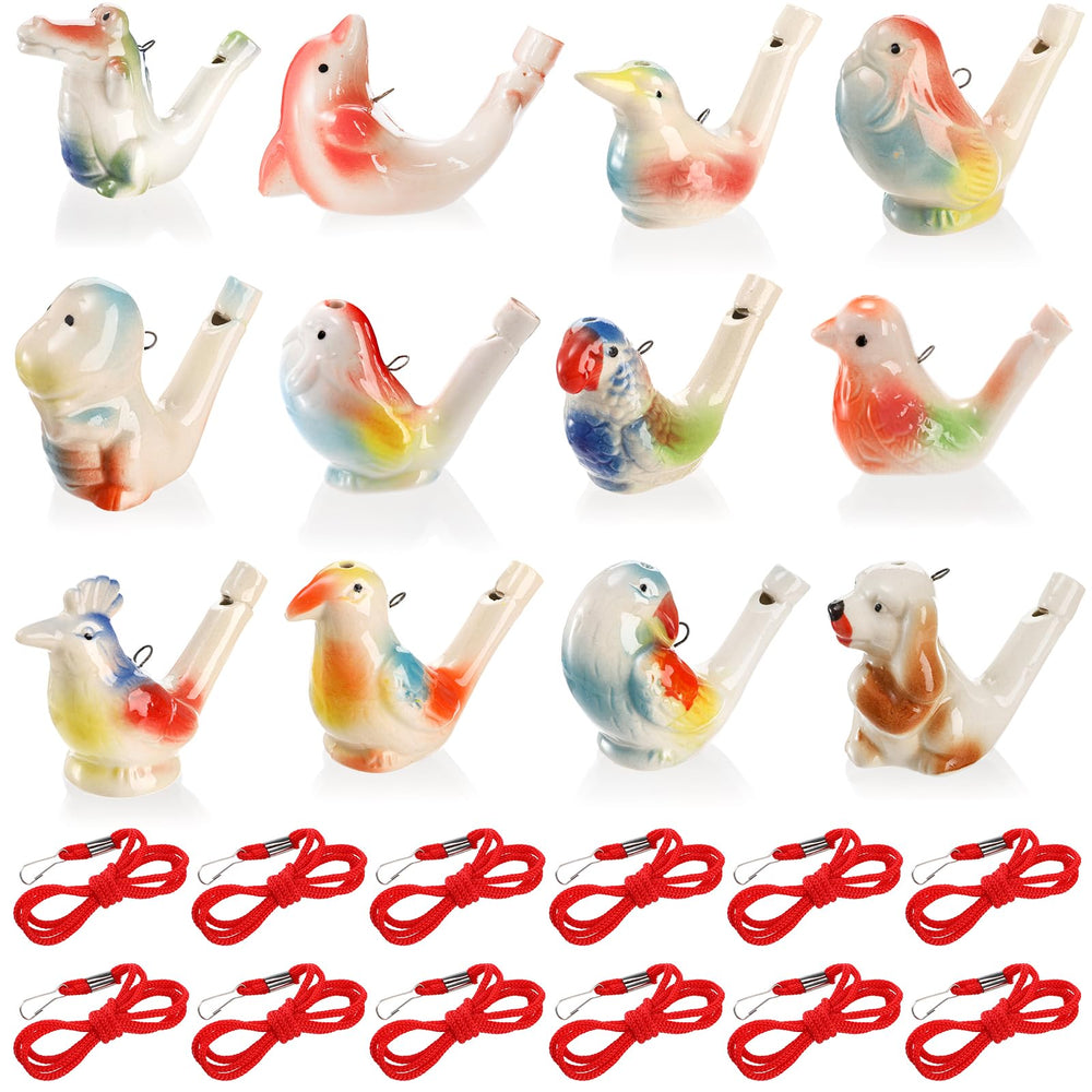Hedume 12-piece ceramic bird whistles collection for playful bath time sounds.