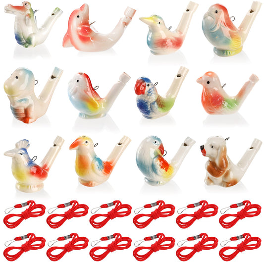 Hedume 12-piece ceramic bird whistles collection for playful bath time sounds.
