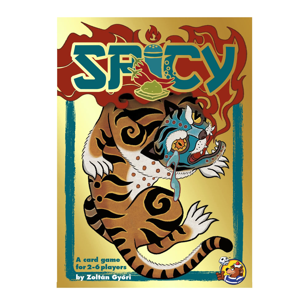 Close-up of gold-backed Spicy cards during play.