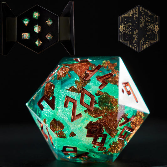 HEIMDALLR liquid core dice set closeup with vivid swirls, boosting tabletop drama and readability.