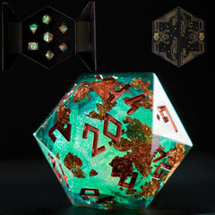 HEIMDALLR liquid core dice set closeup with vivid swirls, boosting tabletop drama and readability.