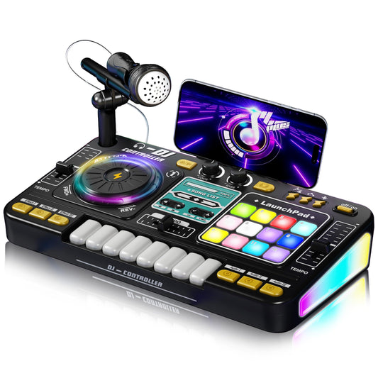 HEJIN Kids DJ Mixer Table front view with piano keys for creative play