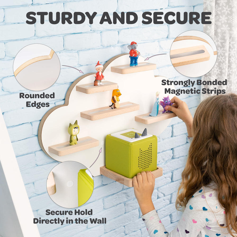 Heldenzimmer wall-mounted Tonie shelf shows quick, tool-free installation.