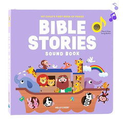 Hello 2 Kids Bible Stories sound book cover with bright illustrations inviting toddlers to listen.