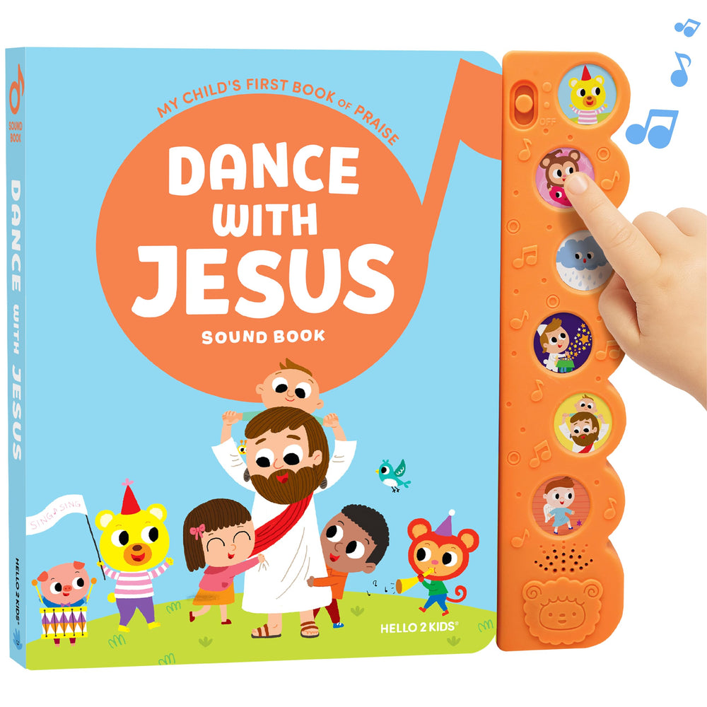 Hello 2 Kids Dance with Jesus book cover featuring bright Bible song themes for toddlers.