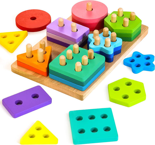 HELLOWOOD sorting blocks with large geometric shapes for safe, engaging early learning