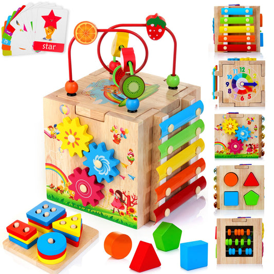 HELLOWOOD wooden activity cube, six sides, supports early learning through multi-sensory play
