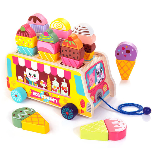 HELLOWOOD wooden ice cream truck with magnetic treats sparks imaginative pretend play.