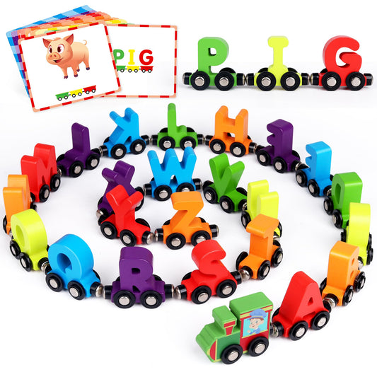 Helsort 27pc magnetic wooden alphabet train engine for letter learning.