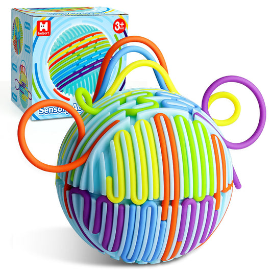 Helsort sensory ball with 20 strings close-up, showing textured grooves for tactile play