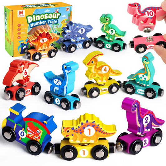 Helsort wooden dinosaur train set with number cars boosts early counting and color recognition.