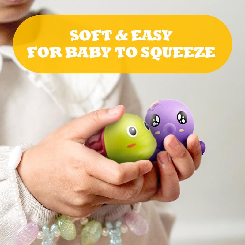 Soft rubber toddler bath toy with bright colors for grasping