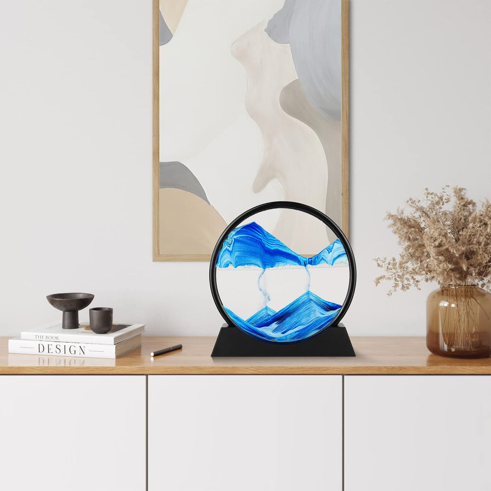 Herecanli Mantel display moving sand art blue 7in creates tranquil atmosphere.