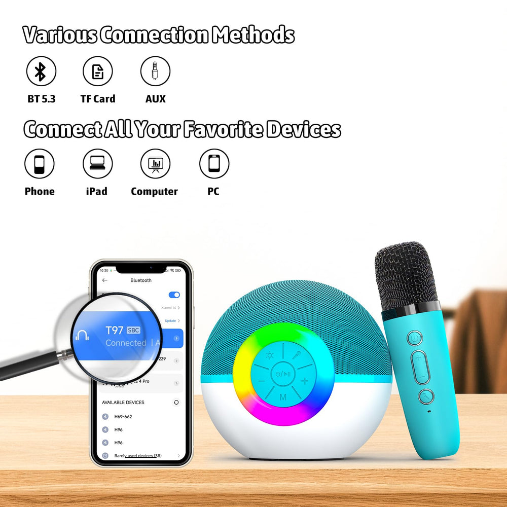 Heroange karaoke-microphone-machine-green-two-mics shows included wireless mics for duet sessions.