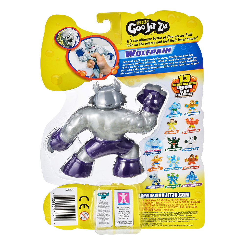 Heroes of Goo Jit Zu Wolfpain on display packaging for collector-friendly setup.