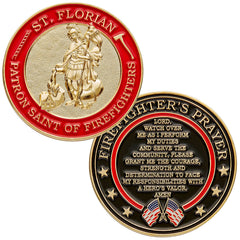 Hero's Valor St. Florian coin front displays patron saint, offering protection symbolism for firefighters and families.