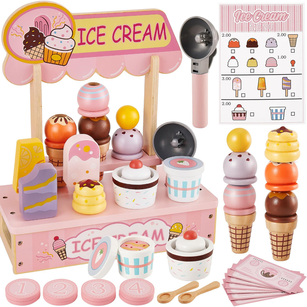 HERSITY wooden ice cream counter pink for imaginative play and pretend shopping