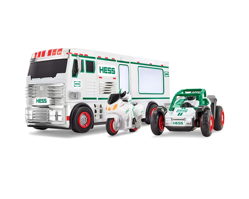 Hess 2018 toy truck RV with ATV and motorbike - side view highlighting 3-in-1 design for imaginative play