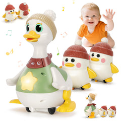 Hestiasko baby duck toy in GO mode crawls with lights, encouraging active exploration.