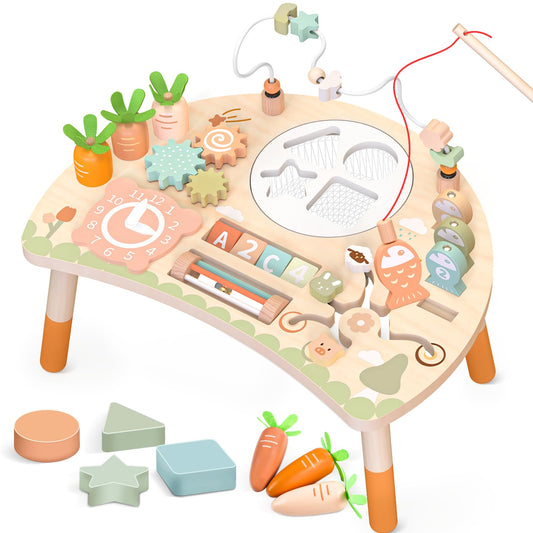 Hewaurorion wooden activity table with bead maze for fine motor play.