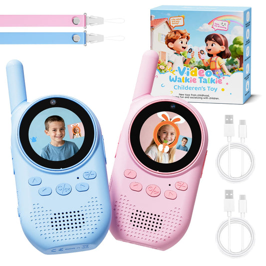 HEWEIMEI video walkie talkies for kids with front display in blue and pink, ideal for easy outdoor conversations.