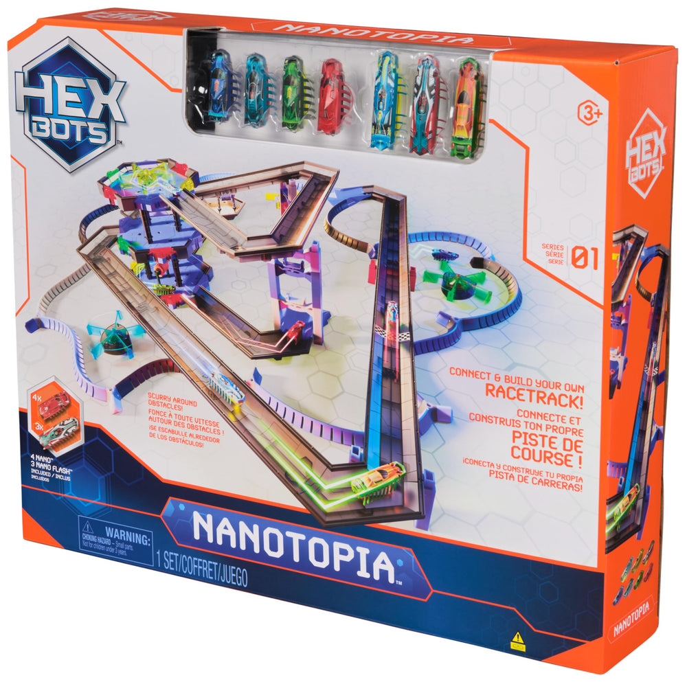 HEX BOTS Nanotopia merry-go-round obstacles add twists to the track when spinning
