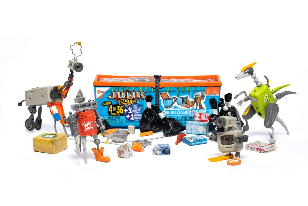 HEXBUG JUNKBOTS four-build setup supports imaginative storytelling with interchangeable pieces.