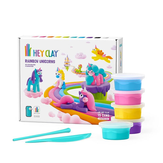Hey Clay Unicorns kit overview promotes safe, colorful air-dry clay for hands-on creativity.