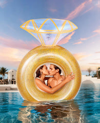 HeySplash Diamond Ring pool float at a lively pool party, ideal for photos.