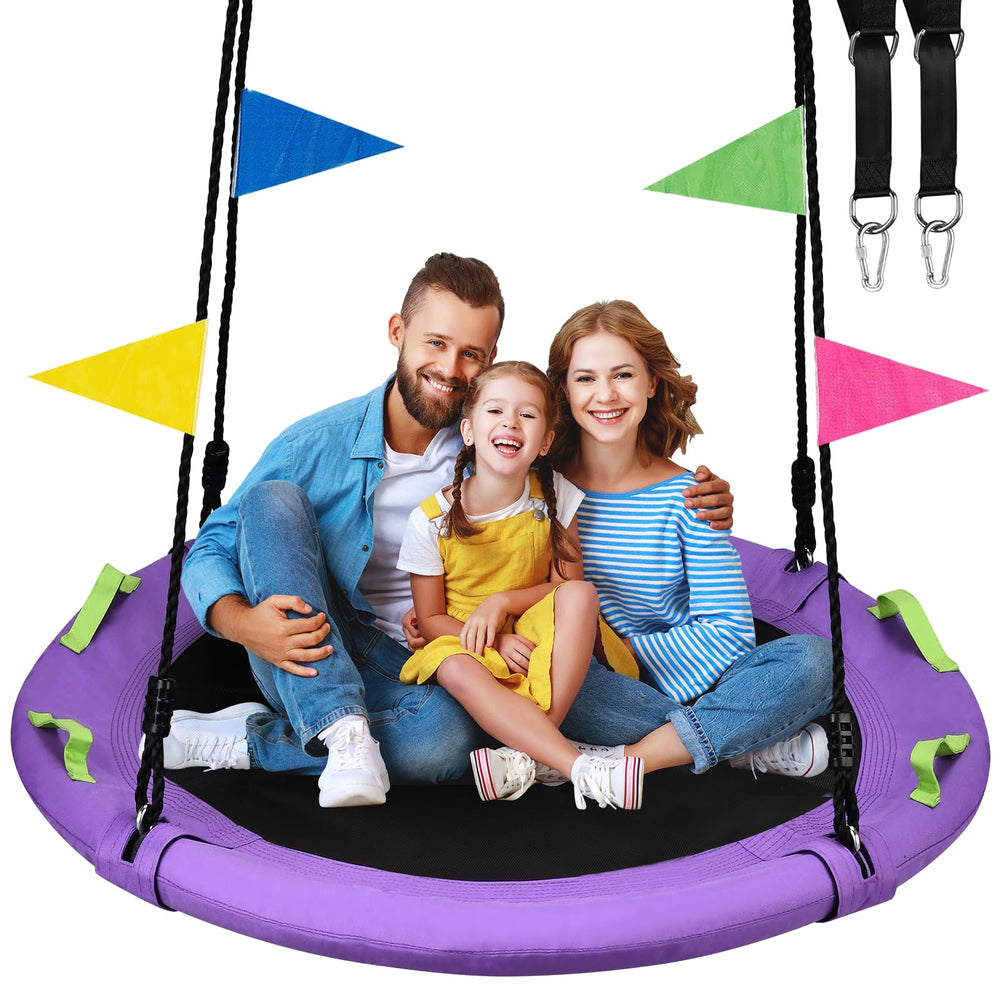 HeyZoo 48-inch saucer swing assembly demonstrates easy backyard setup for family fun.