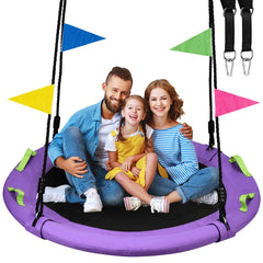 HeyZoo 48-inch saucer swing assembly demonstrates easy backyard setup for family fun.