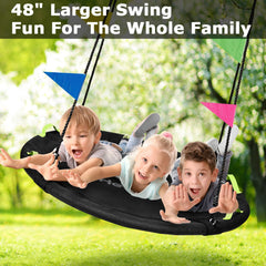 HeyZoo backyard scene with family enjoying a sunny swing