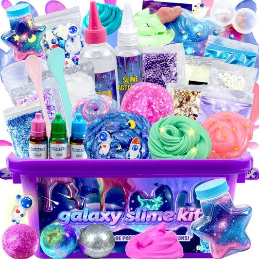 HFCHUPIN Mini Galaxy Slime Kit packaging shows colorful, kid-friendly design for gifting.