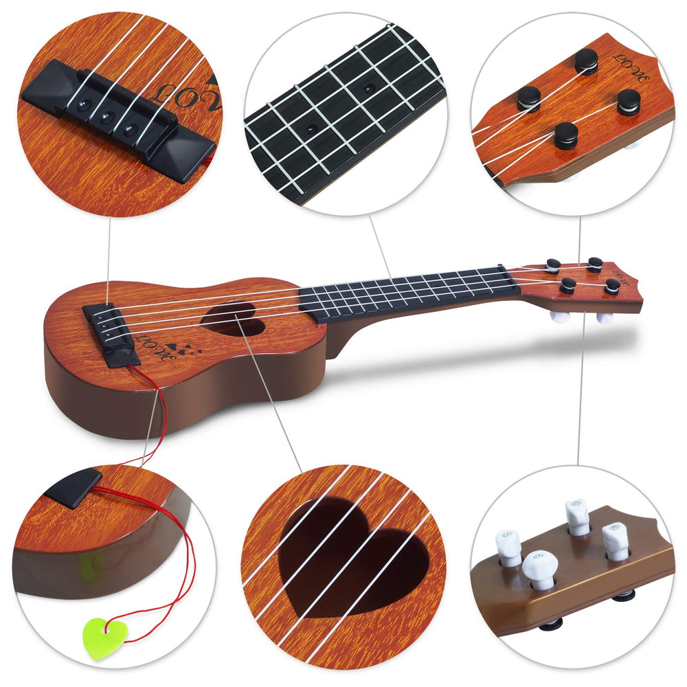 Hhobby Stars wooden kids ukulele close-up of strings and tuning, adjustable for practice.