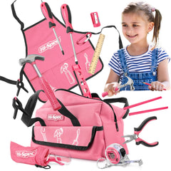 Hi-Spec 18pc pink kids tool kit laid out for budding builders