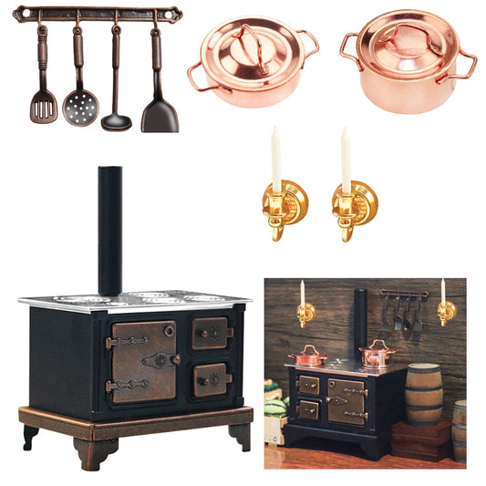 Hiawbon 1:12 miniature retro stove with authentic metal finish for vintage display.