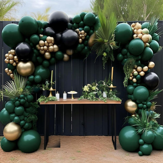 HIBAOpati black-green-gold balloon arch kit for dramatic wedding backdrops.