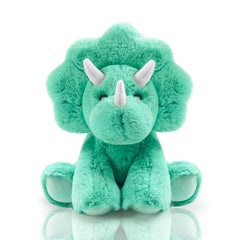 Hideekoog Triceratops plush face view, ultra soft fur for cozy snuggles at bedtime.