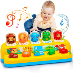 Hieoby interactive pop-up animal toy with buttons for cause-and-effect learning.