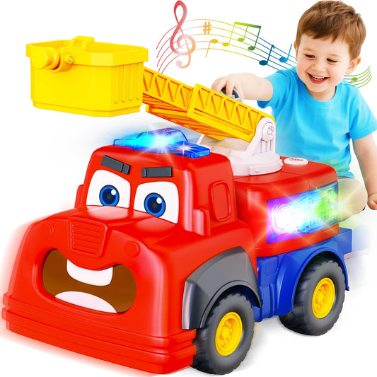 Hieoby interactive talking fire truck toy, front view, engaging storytelling for toddlers.